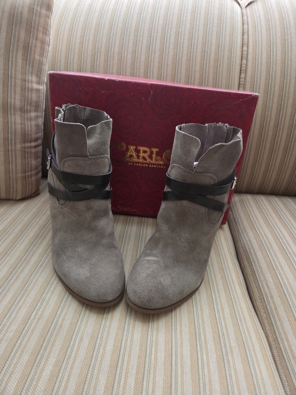Carlos Santana Gray Taupe Suede Ankle Booties with Wrap Strap